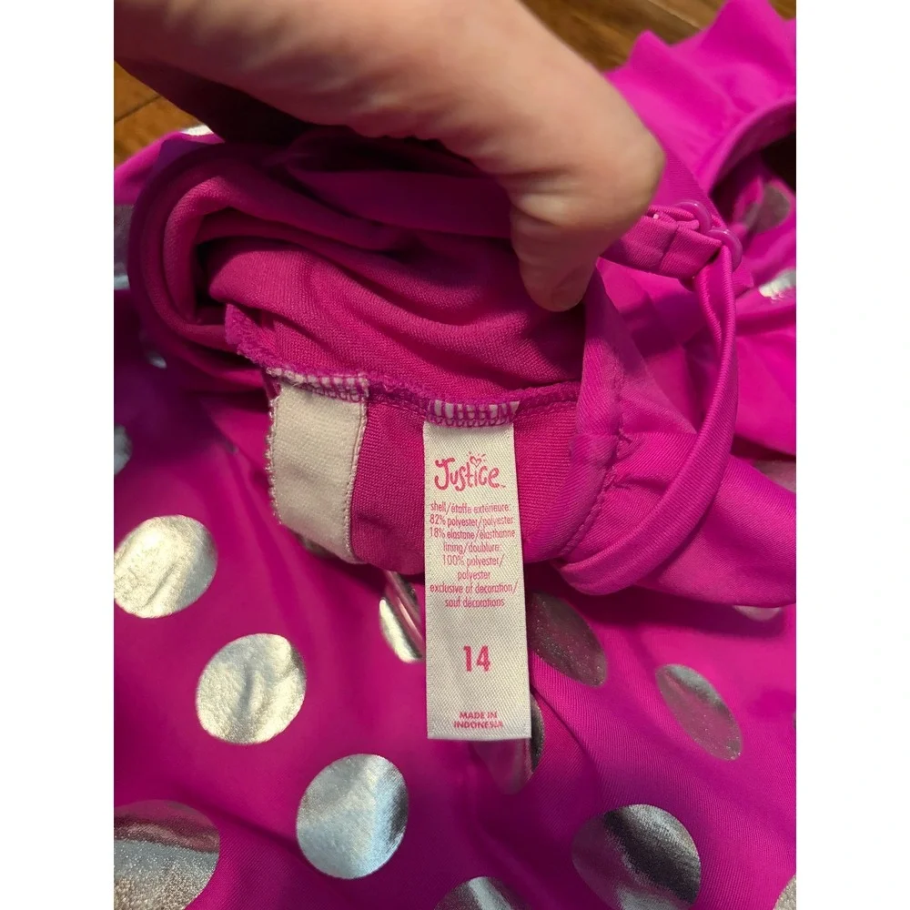 Justice One Piece Swimsuit Kids Size 14 Pink Silver‎ Metallic Polka Dot Ruffle